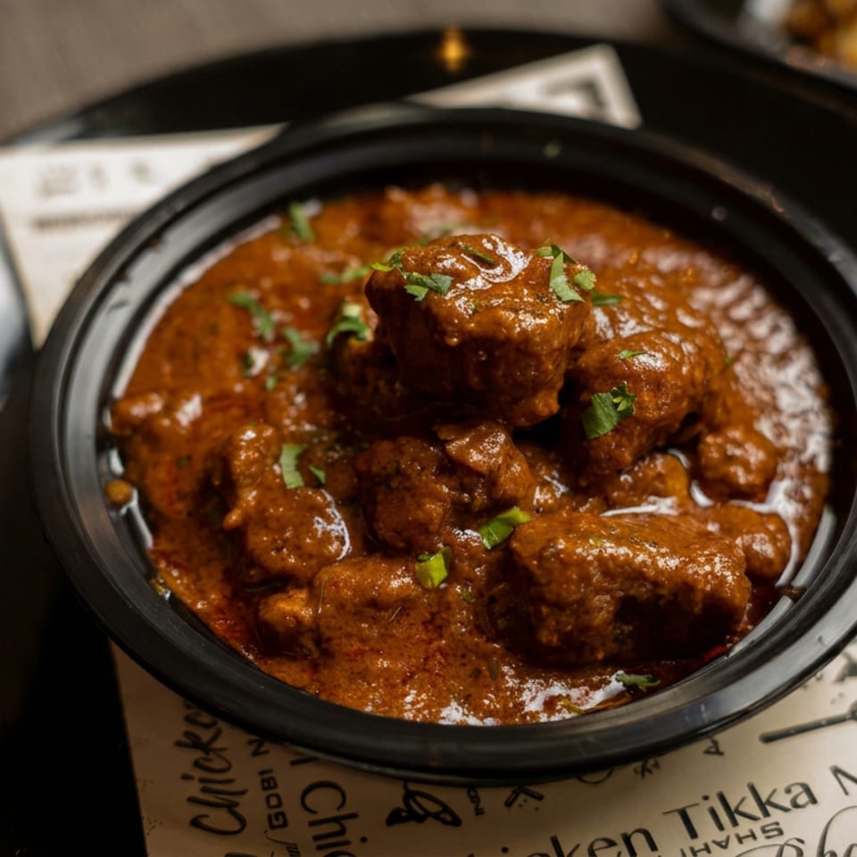 Black bowl of meatballs in reddish-brown curry, garnished with cilantro, on a restaurant plate.