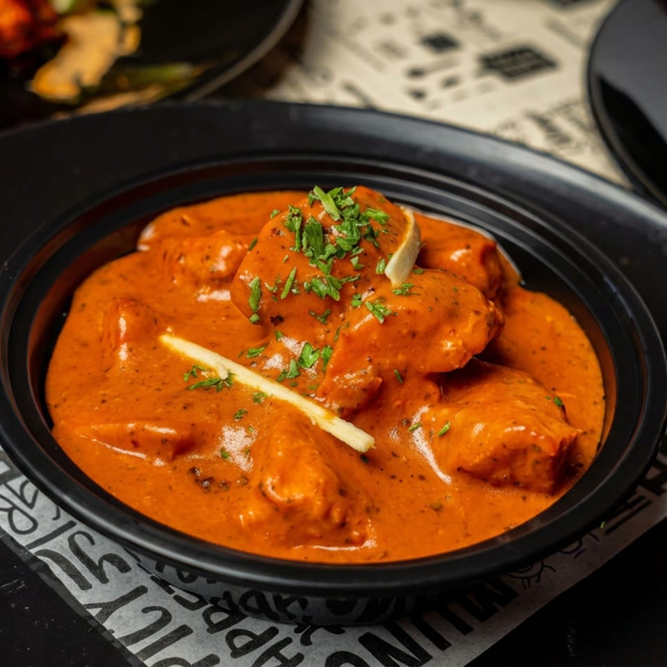 Creamy orange chicken curry garnished with cilantro and ginger in a black bowl on a restaurant table.