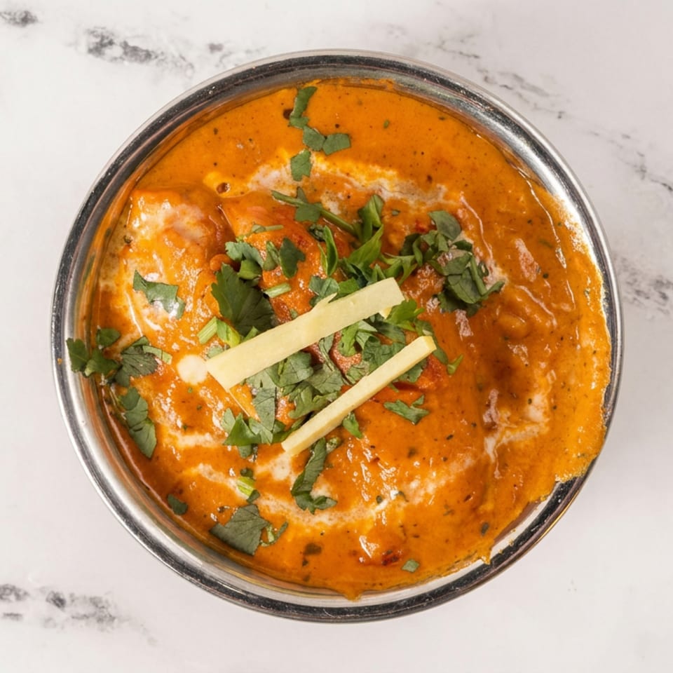 Overhead view of creamy orange Indian curry garnished with cilantro and ginger strips in a metal bowl on marble.