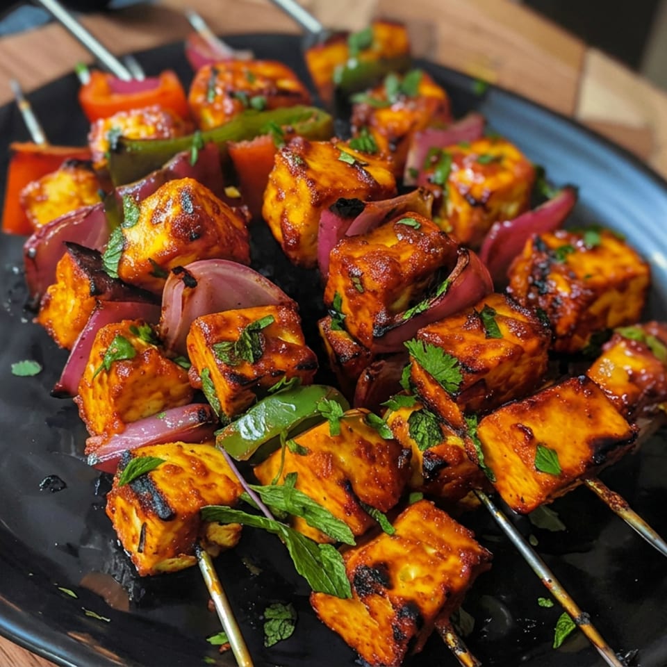 Grilled orange-marinated paneer skewers with red onion, bell pepper, and cilantro served on a black plate.